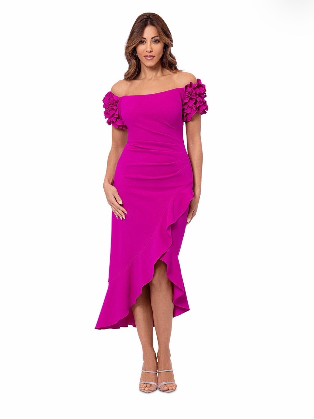 Xscape One-Shoulder Ruffle Midi Dress in Fuchsia